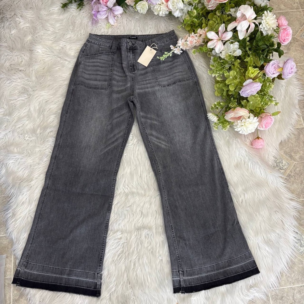 Wash Stitch Detail Raw Hem Mid Waist Wide Leg Jeans Without Belt L JK7-7 - Picture 7 of 8